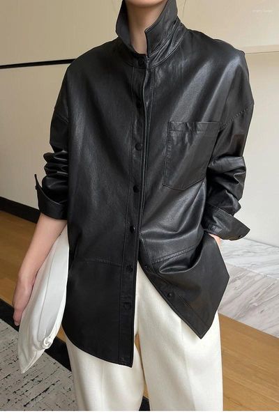 Couro feminino simples meados de comprimento casaco de pele de carneiro para mulher primavera outono 2023 tendência high-end casual solto camisa gola jaqueta genuína