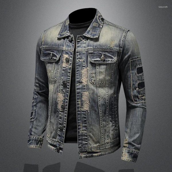 Jaquetas masculinas jaqueta jeans primavera outono europa e os estados unidos rasgado remendo vintage desgastado motocicleta wear