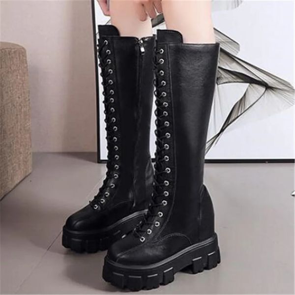 Botas 2024 outono inverno mulheres joelho botas altas senhora cunha 10cm salto alto plataforma botas longas moda tênis de couro motocicleta bota 231205