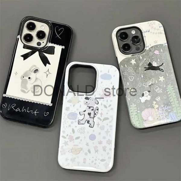 Casos de telefone celular bonito laço coelho caso de telefone para iphone 14 11 12 13 pro max coreano graffiti cão e gato caso de telefone móvel j231206