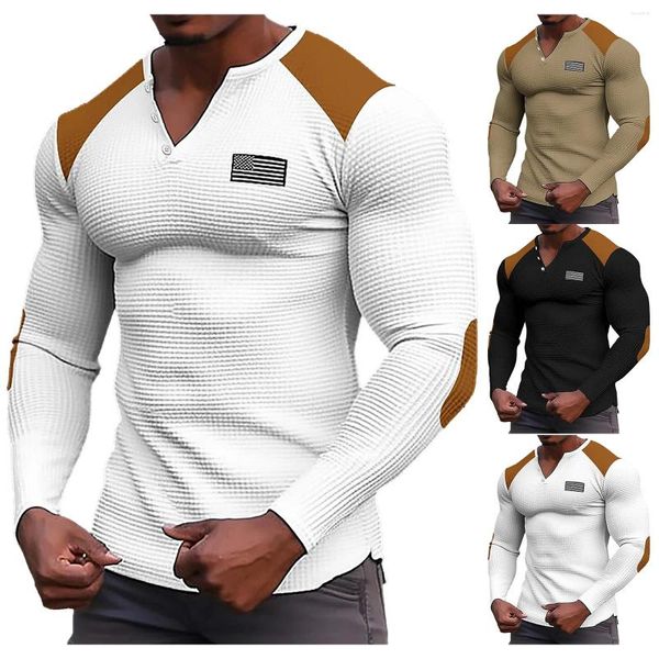 Camisetas masculinas com decote em V Camisa de manga comprida Casual Moda Retro Twos Day Professor Equipado Mens