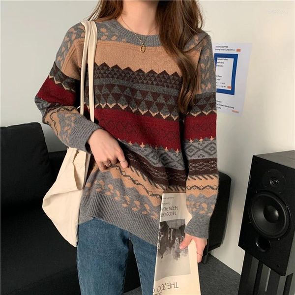 Женские свитера, весенне-осенняя одежда, 2023, ретро-свитер в этническом стиле, свободные цвета, трикотажные топы ленивого ветра, универсальные