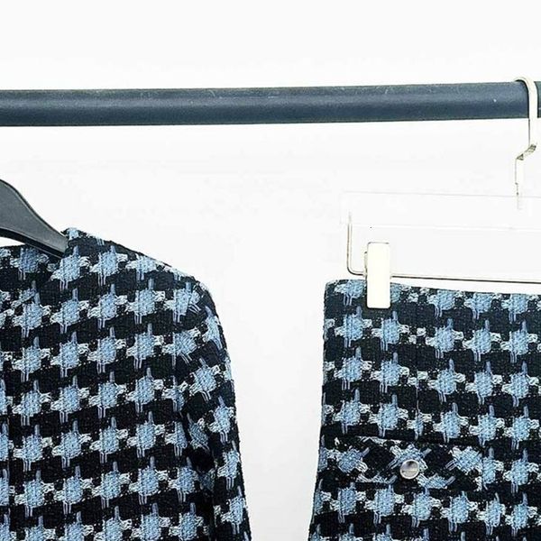 İki Parça Elbise Kadın Houndstooth Tweed Set A-Line Etek veya Yuvarlak Boyun Tek Göğüslü Uzun Kollu Kaplama Kadın Sonbahar Mizaç Takımı 231205