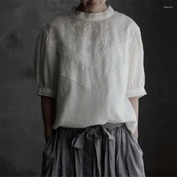 Kadın bluzları johnature yaz Japon gündelik keten nakış kadınları ve 2023 düz renkli yarım kol gevşek kadın gömlekleri