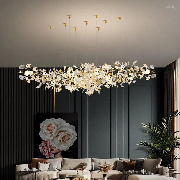 Lâmpadas pendentes luxo plástico cerâmica lustre pendurado luminárias para sala de estar ginkgo folhas led lâmpada arte villa estudo quarto