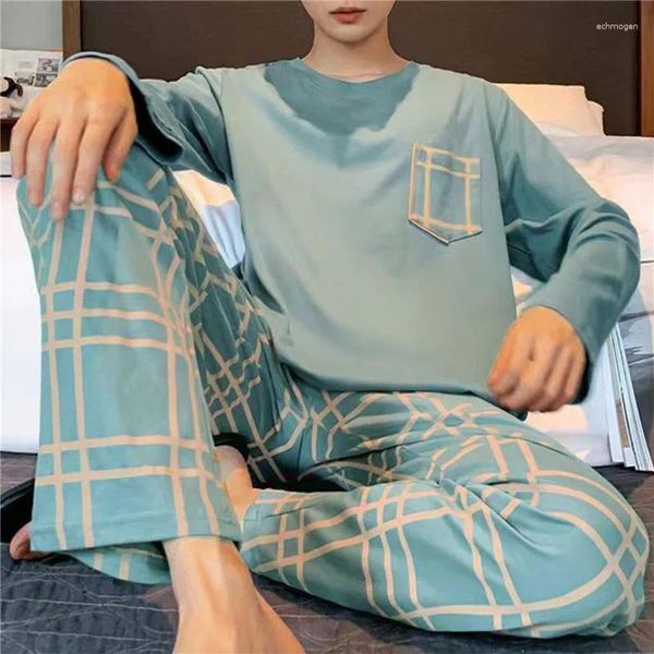 Pijamas masculinos manga longa fino desenho animado em torno do pescoço pijama coreano conjunto casual respirável confortável casa terno