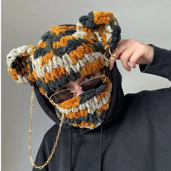 BeanieSkull Caps Inverno Adorável Urso Orelhas Quentes Balaclava Cap Chapéus com Colar Corrente Mulher Unissex Festa de Malha Máscara Engraçada Handmade Bonnet Hijab 231205