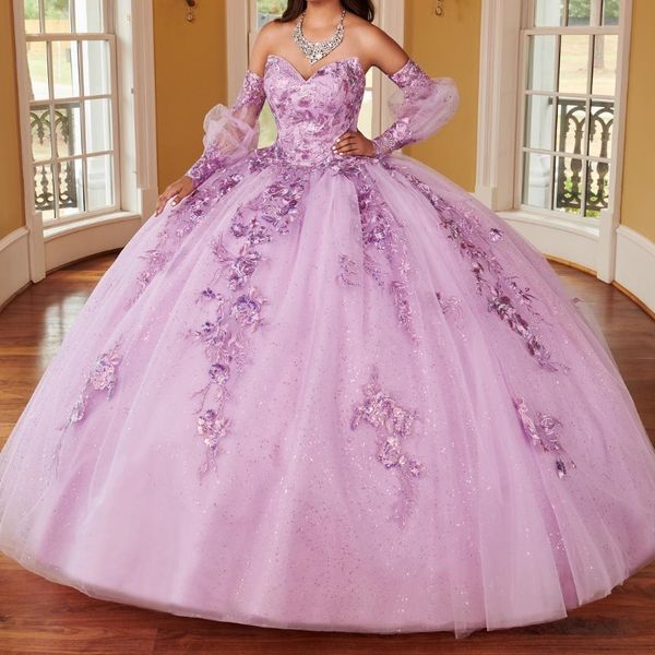 Lavendel-lila glänzendes Quinceanera-Kleid, schulterfrei, Spitze, Pailletten, Perlenstickerei, mexikanisch, Sweet 16, Vestidos De XV 15 Jahre