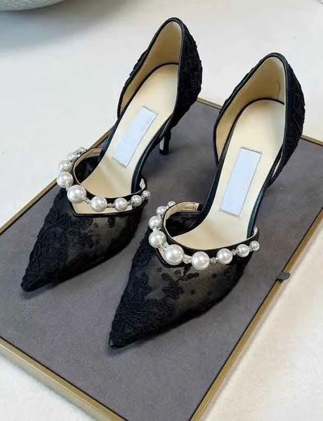 JC Jimmynessità Choo Summer Luxury Aurelie PuntedToe Sandali migliori scarpe di qualità da donna Pompe in pelle di pizzo Pompe per perle abbellimento abito da sposa con tacchi neri