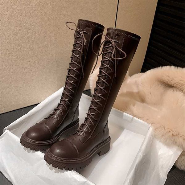 Inverno outono marrom couro genuíno longo cano cavaleiro botas femininas sola grossa salto alto elástico emagrecimento