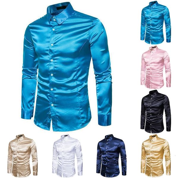 Camisas casuais masculinas camisa de cetim de seda luxo suave masculino sólido smoking camisas de negócios homens casual slim fit blusa brilhante ouro vestido de casamento camisas 231207