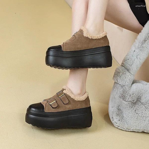 Sapatos de vestido 8cm camurça couro genuíno mulheres inverno pelúcia pele tornozelo plataforma cunha botas de moda casual