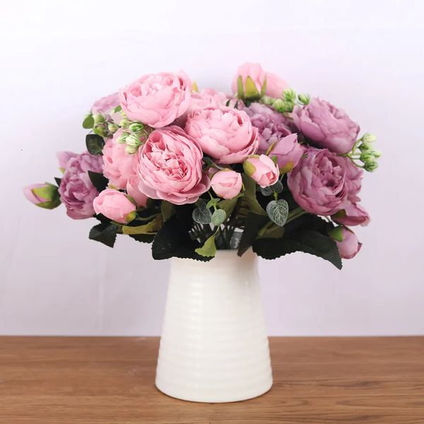 Dekorative Blumenkränze, 30 cm, rosa Seidenrosenstrauß, Pfingstrose, künstlich, 5 große Köpfe, 4 kleine Knospen, Braut, Hochzeit, Heimdekoration, Fake Faux 231207