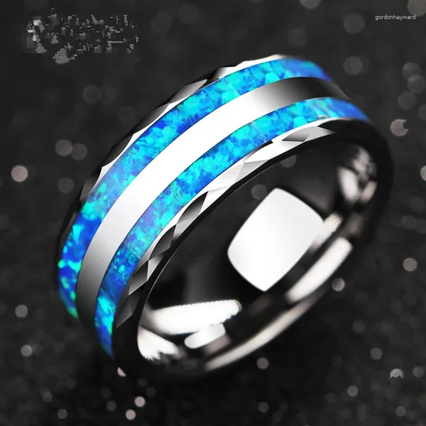 Anéis de cluster moda masculina prata cor anel de aço inoxidável duplo polido sulco azul opala inlay casamento noivado para mulheres