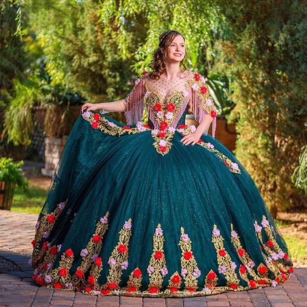 Verde esmeralda brilhante manga comprida quinceanera vestido apliques rendas flor contas espartilho doce 15 vestidos de xv anos