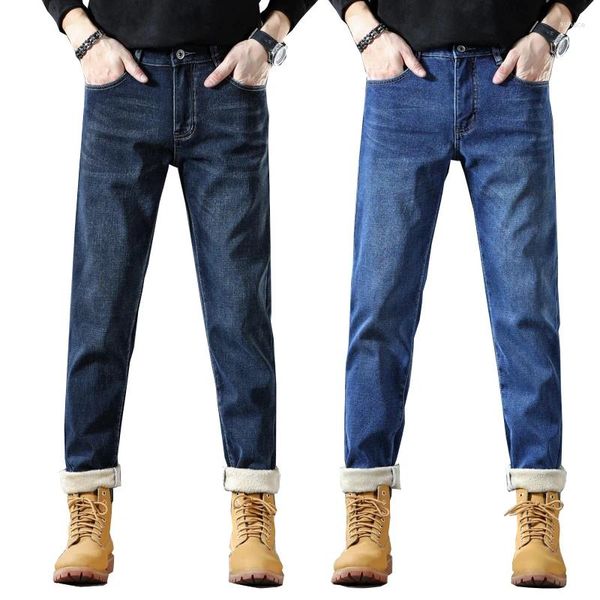 Jeans masculinos com lã para homens engrossar inverno estiramento azul escuro mais quente magro em linha reta calças casuais roupas calças jeans