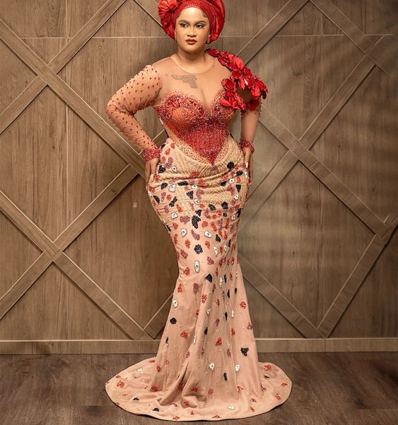 2024 Aso Eb Red Illusion Mermaid Prom Dress Perlen Sheer Neck Formale Party Zweiter Empfang Geburtstag Verlobungskleider Kleider Robe De Soiree ZJ352