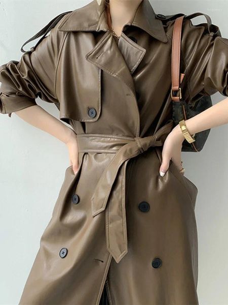 Trench da donna Cappotto lungo alla moda per donna Giacca in pelle PU sottile autunnale retrò sciolto solido nero