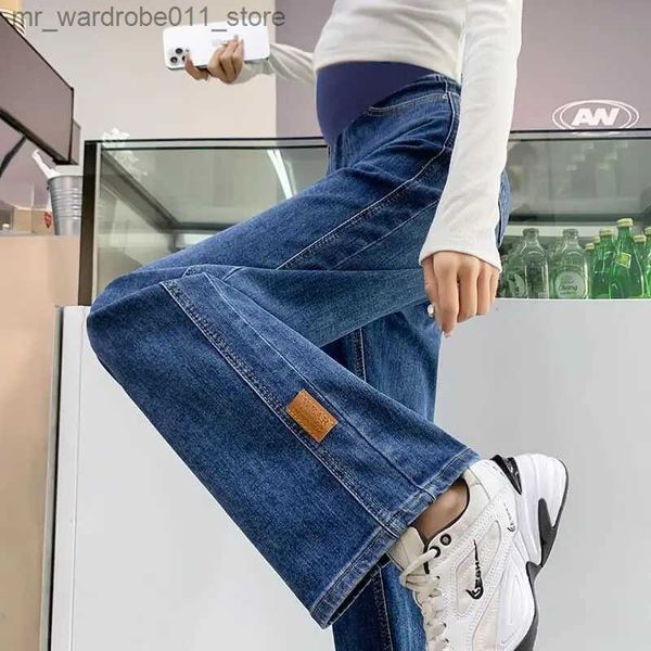 Umstandshose, weites Bein, seitliche Denim-Umstandsmode, volle lange Jeans, Baumwolle, Bauch, lockere Hosen, Kleidung für schwangere Frauen, Schwangerschaftshose, Q231207