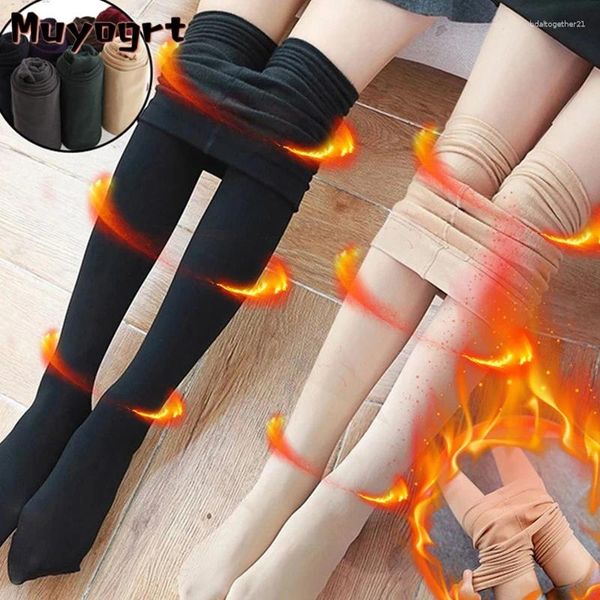 Mulheres meias inverno quente meia-calça cor sólida velo estiramento collants fino meias térmicas cintura alta efeito de pele leggings calça feminina