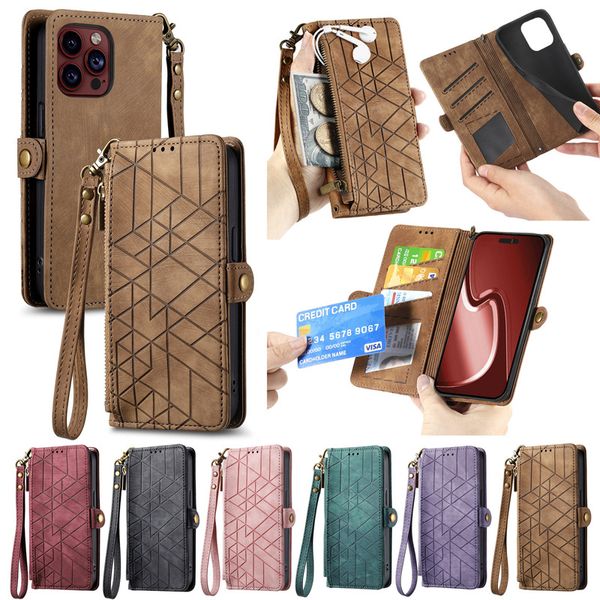 Capa de telefone carteira de couro com zíper para iPhone 15 14 13 12 11 Pro Max 14Plus 15Plus Slot para cartões Suporte de pulso Cordão Bolsa Capa Magnética Snap