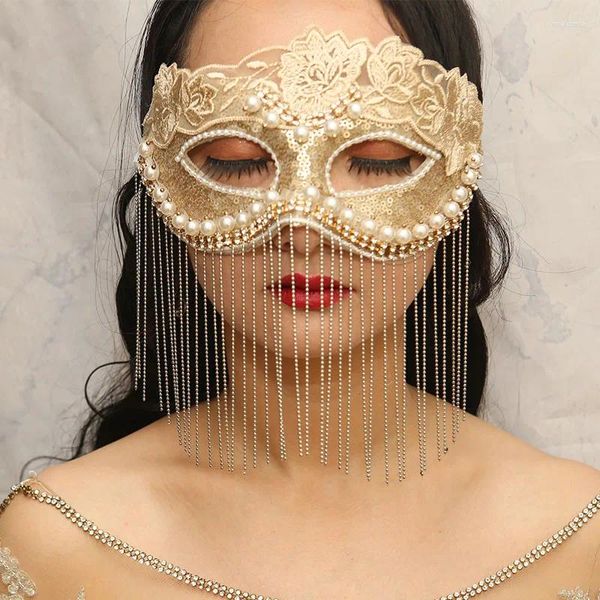 Decoração de festa Europeia e americana Champagne Lace Retro Elegante Máscara Misteriosa Tassel Face Cover Masquerade Halloween Carnaval