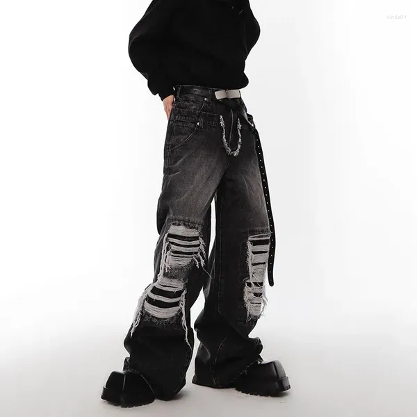 Jeans masculinos moda lavado nicho danificado cintura dupla design calças high street cor sólida denim reto