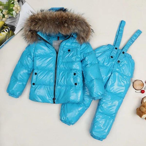 Down Coat Winter Kinder Jungen und Mädchen Baby tragen dicke Hosenträger in kleinem Stilanzug großer Haarkragen echt