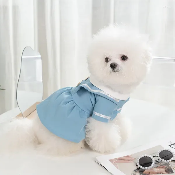 Vestuário para cães primavera e verão em torno do pescoço uniforme estilo marinho vestido gato fino respirável teddy saia roupas para animais de estimação filhote de cachorro
