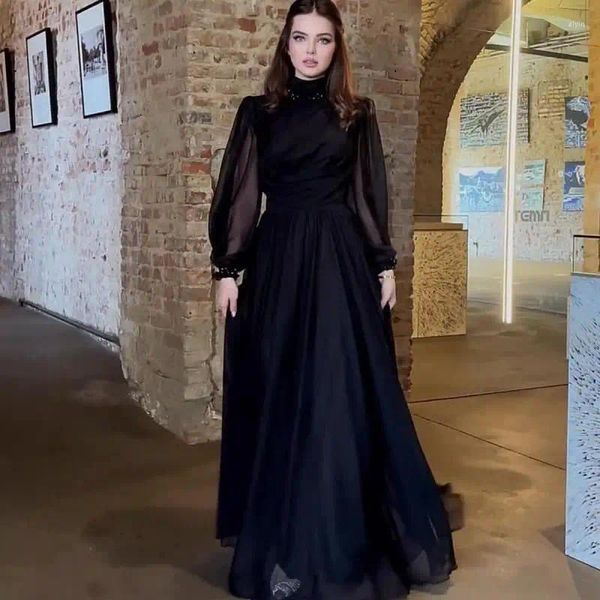 Vestidos casuais 2023 luxo mulheres noite o médio oriente feminino vestido preto senhoras tule manga cintura longa roupas de uma peça