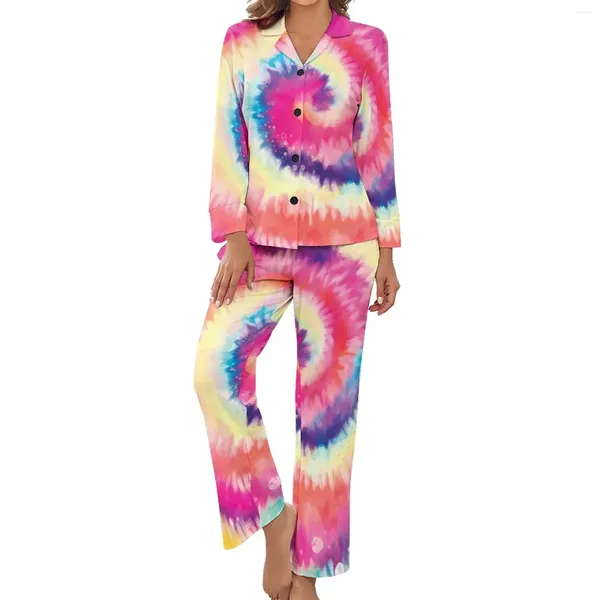 Damen-Nachtwäsche, bunter Tie-Dye-Pyjama, Regenbogen-Wirbel-Langarm-Retro-Pyjama-Set, 2-teilig, Schlafzimmer, Herbst, individuelles Geschenk