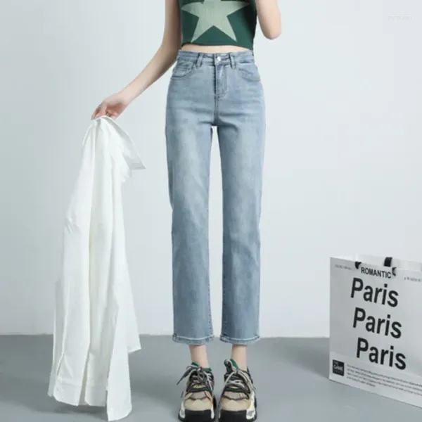 Kadınlar Kot pantolonlar için düz ince fit denim yüksek bel fransız elastik klasik tatlı kız tasarımı varışlar uzun pantolonlar