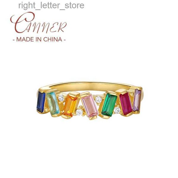 Anel solitário CANNER Anillos Plata 925 Para Mujer Cores do arco-íris retângulo zircão anéis de eternidade 925 prata esterlina anel de casamento para mulheres YQ231207