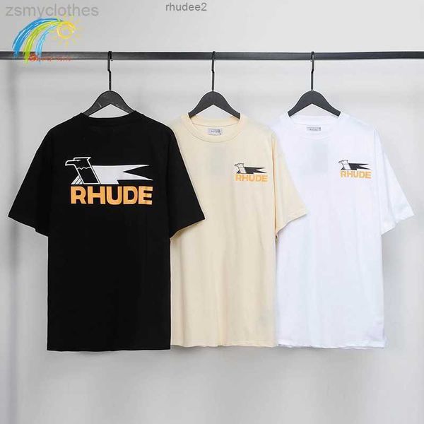 T-shirt da uomo 2023 Estate Primavera Moda Streetwear Rondine Stampa Rhude magliette Uomo Donna 1 Cotone Albicocca Nero Bianco Tee Top E5J9