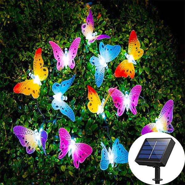 Weihnachtsdekorationen, 12/20 LEDs, solarbetrieben, Schmetterlings-Fee-Lichterkette, für den Außenbereich, Garten, Hochzeit, Weihnachtsdekoration, Lampe, Glasfaser, wasserdicht, 231207