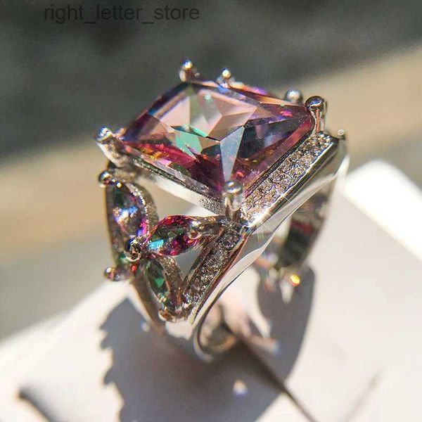 Anel solitário HOYON 925 prata cor gema incrustada anel de diamante feminino estilo hip hop moda alta qualidade cor zircão festa joias anel de diamante YQ231207