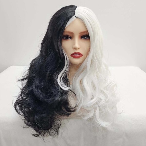 Nova peruca cosplay preto e branco longo encaracolado peruca capa para meninas peruca cabeça capa