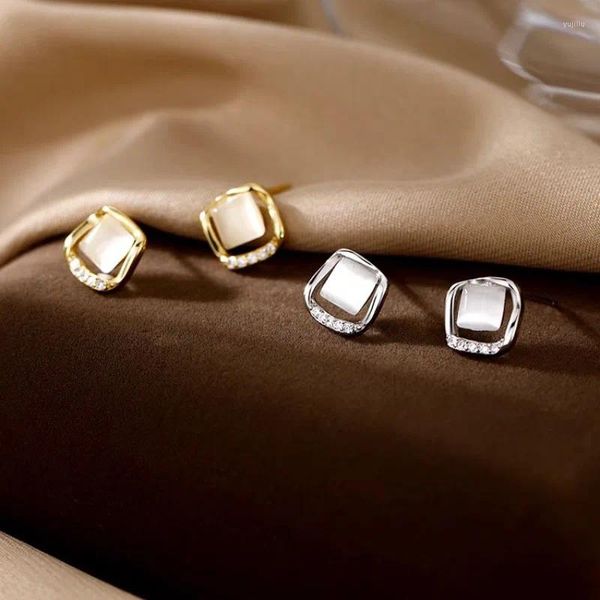 Orecchini a bottone alla moda argento oro colore opale quadrato trasparente CZ geometrico per le donne ragazza regalo gioielli di moda Dropship all'ingrosso