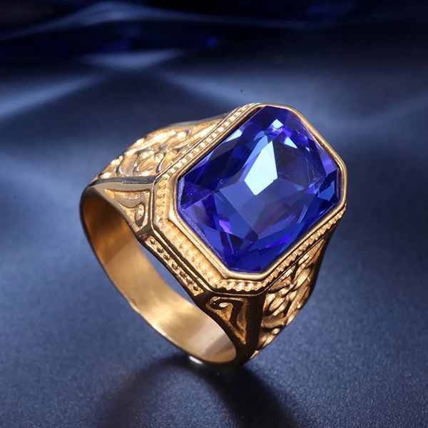 Fedi nuziali Quadrato grande Cristallo blu Topazio Pietre preziose Diamanti per uomo Fasce per dita per gioielli Bague in acciaio inossidabile riempito in oro maschile 231206
