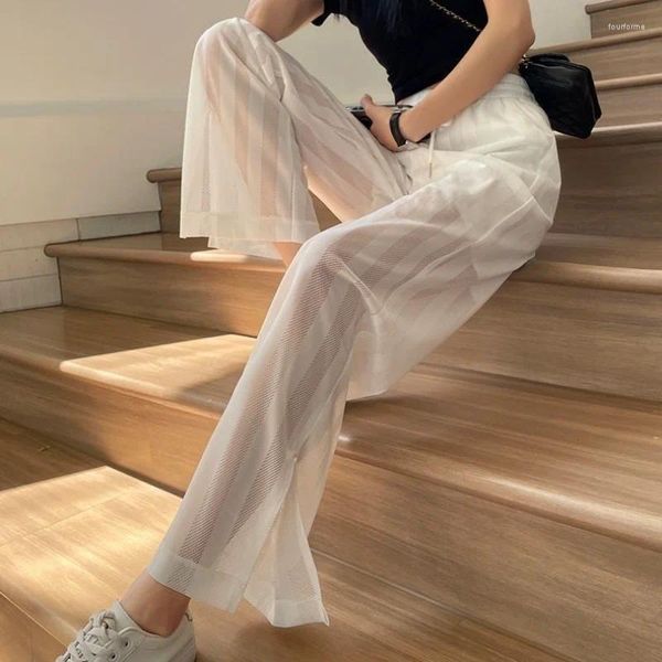 Женские брюки, брюки в полоску для женщин, прямые прозрачные широкие брюки с разрезами, белые женские сетчатые корейские модные штаны, один размер, одежда 90-х годов