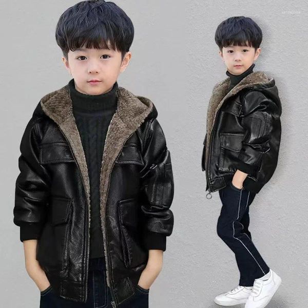 Giubbotti Età Per 4-14 Anni Casual 2 Colori Bambini Autunno Inverno Pu Giacca Cappotti Caldo Ecopelle Più Velluto Outwear Bambini Ragazzi Vestiti