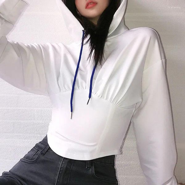 Hoodies femininos branco recortado espartilho hoodie 2023 moda coreana topos harajuku moletom topo feminino manga longa cordão laço-up streetwear