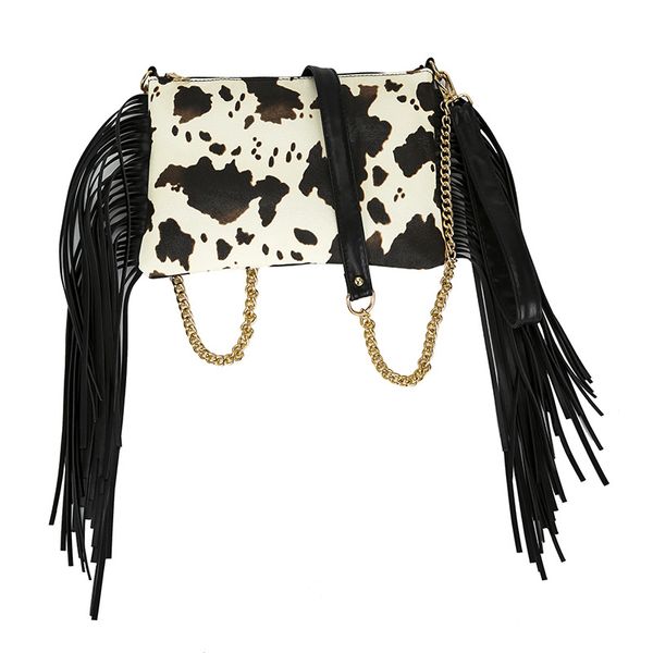 Bolsa de design de luxo com estampa de vaca feminina carteira móvel suporte para telefone bolsa de ombro com franjas de borla nova tendência pequena sacola bolsa de leopardo estampa de leopardo bolsa feminina
