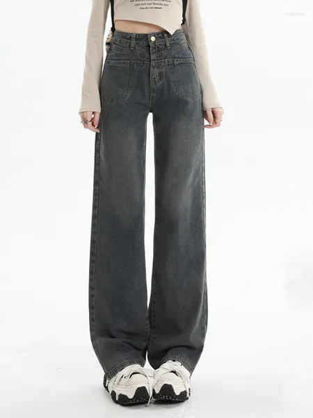 Jeans da donna stile vintage grigio spesso vita alta autunno inverno streetwear pantaloni a gamba larga pantaloni in denim dritti femminili