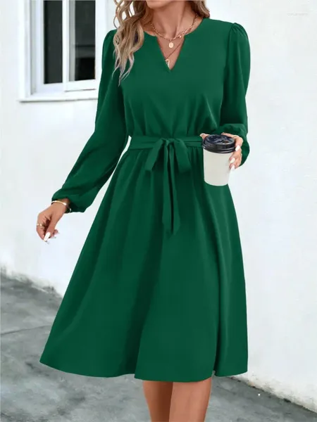 Abiti casual Autunno Moda donna Piccolo scollo a V Abito a maniche lunghe Inverno Verde Nero Con lacci Abiti eleganti midi da festa