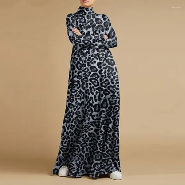 Vestidos casuais oversized femme robe maxi vestido para mulheres leopardo impresso manga longa gola alta vestidos de mujer feminino solto moda