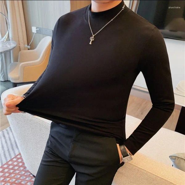 T-shirt da uomo 2023 Autunno Alta elasticità T-shirt da uomo Manica lunga Mezza dolcevita Slim Tee Tops Casual Business Bottoming Shirt Abbigliamento