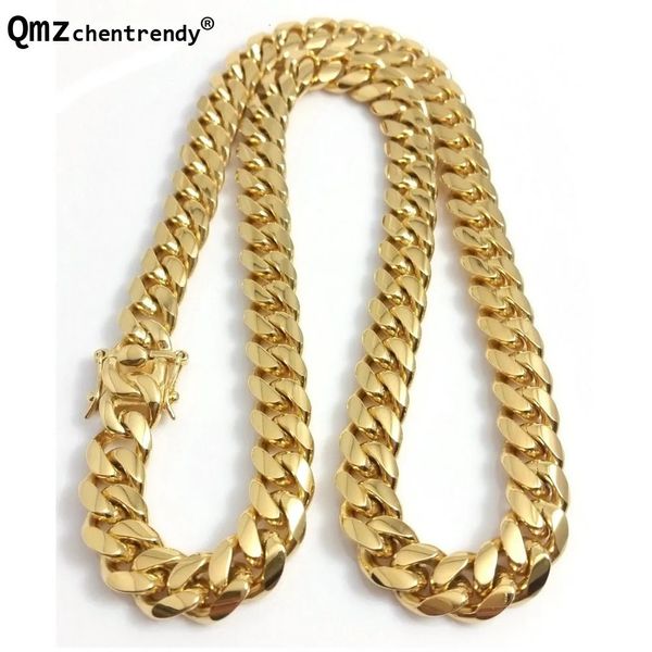 Collane con ciondolo Hip hop 14mm Acciaio inossidabile Curb Cubano Collana a catena da uomo Ragazzi Miami Catena Drago Chiusura Chiusura Uomo Donna Gioielli placcati oro 18k 231204