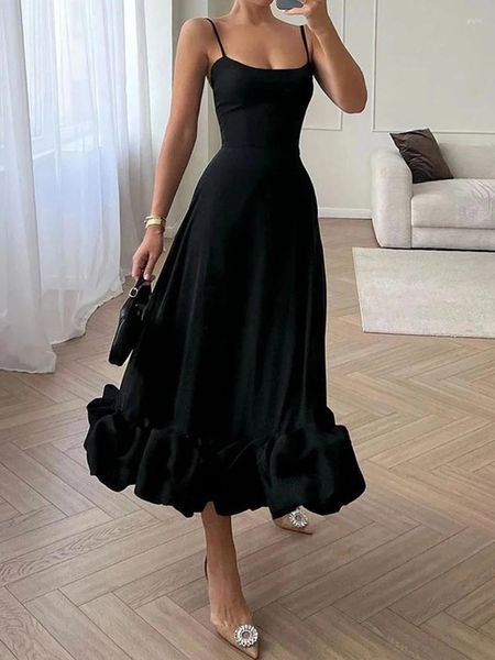 Abiti casual Elegante bella donna Party Spaghetti Strap U Neck Increspato Ruffle Big Hem Summer Fashion Midi A-line Solid Gown