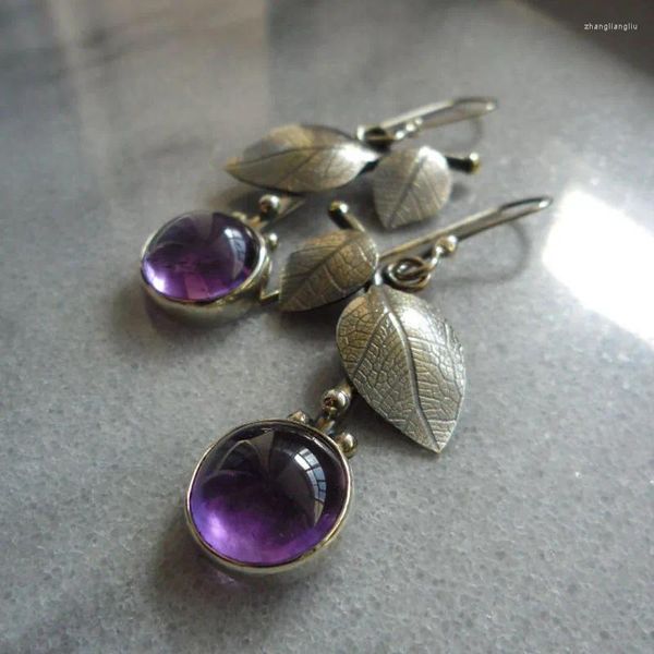 Orecchini pendenti con foglie vintage in pietra viola per donna, colore argento antico, con ramo in metallo, stelo rotondo in resina